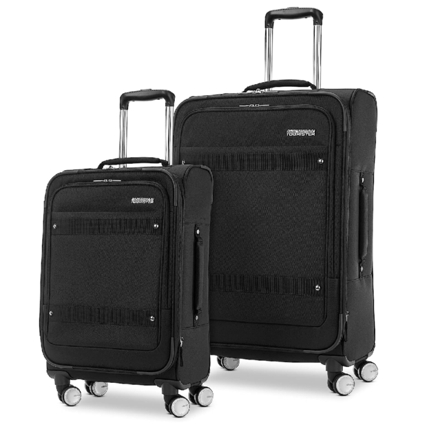 American Tourister Whim Softside Expandable Luggage with Spinners, Black, 2PC SET (Carry-on/Medium)